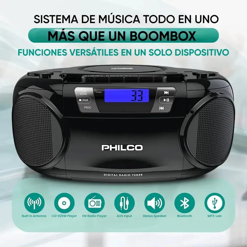 Boombox Cd Bluetooth Y Casete 12w Color Negro