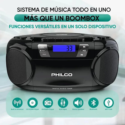 Boombox Cd Bluetooth Y Casete 12w Color Negro