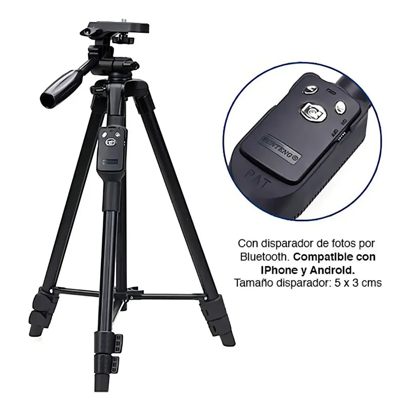 Trípode Profesional Con Bluetooth Para Celular Y Cámara, 128 Cm De Altura, Negro