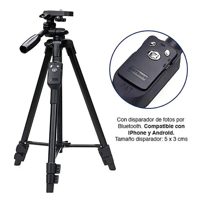 Trípode Profesional Con Bluetooth Para Celular Y Cámara, 128 Cm De Altura, Negro