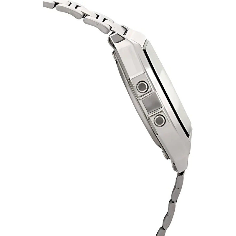 Reloj Retro Casio A158wa-1 Relojesymas Correa Plateado Bisel Plateado Fondo Gris