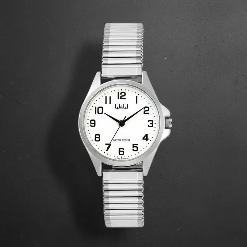 Reloj De Mujer Pulsera Elasticada Qyq C37a-023py Plateado Blanco