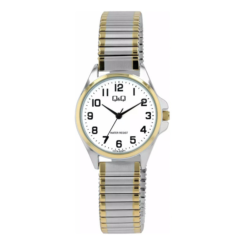 Reloj Qyq Mujer Metalico Bi Color Pulsera Elasticada Bicolor Dorado Blanco