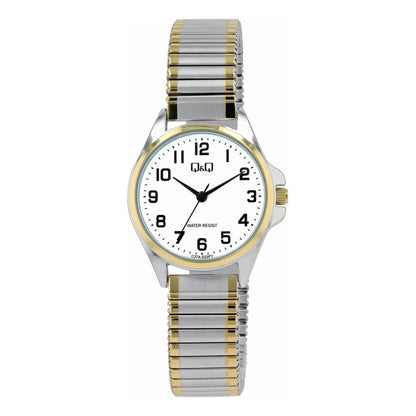 Reloj Qyq Mujer Metalico Bi Color Pulsera Elasticada Bicolor Dorado Blanco