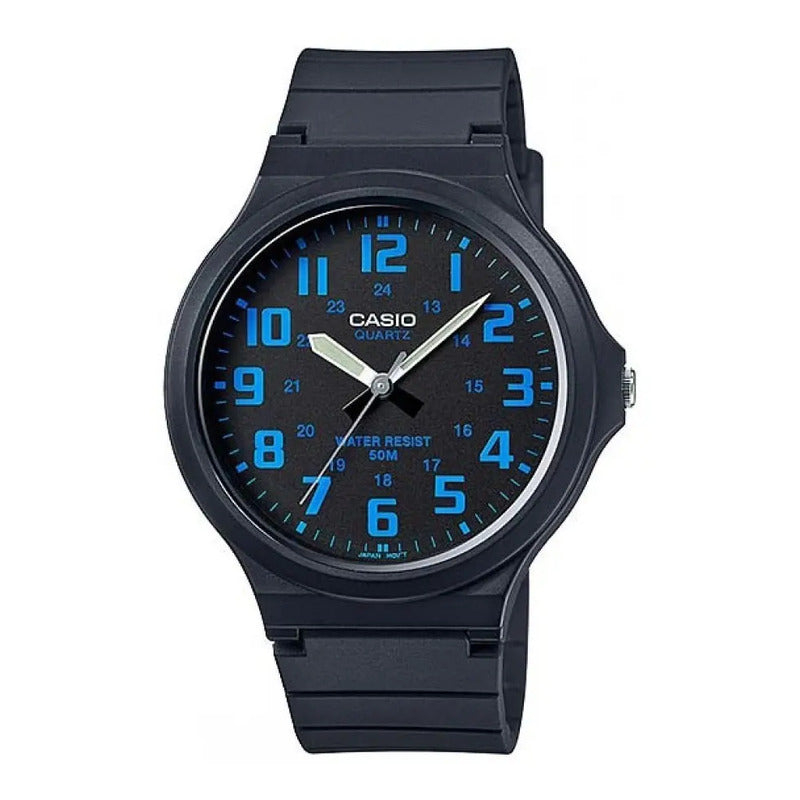 Reloj De Pulsera Casio Youth Mw-240-2bv Con Cuerpo Negro, Analógico, Para Hombre, Fondo Negro, Con Correa De Resina Negra, Fondo Azul Cielo, Bisel Negro Y Hebilla Sencilla