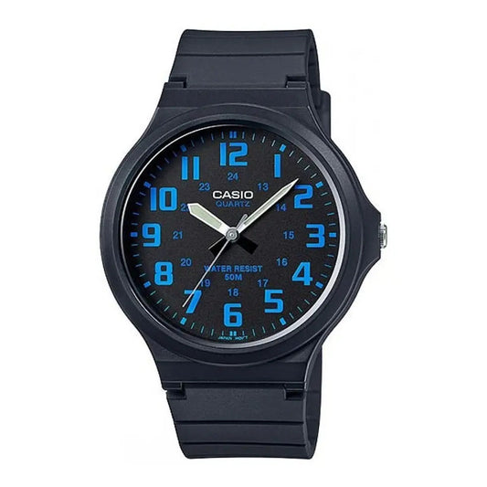 Reloj De Pulsera Casio Youth Mw-240-2bv Con Cuerpo Negro, Analógico, Para Hombre, Fondo Negro, Con Correa De Resina Negra, Fondo Azul Cielo, Bisel Negro Y Hebilla Sencilla