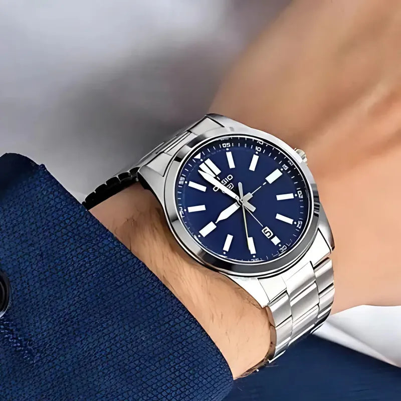 Reloj Casio Mtp-1335d Para Hombre Con Correa De Acero Plateado Y Fondo Azul