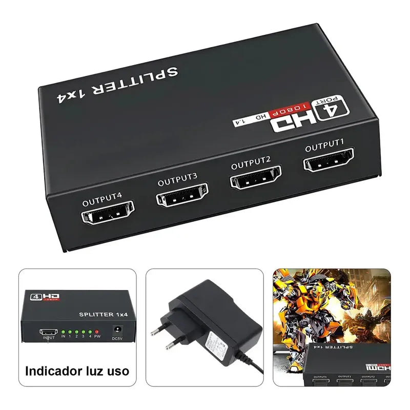Splitter Hdmi 1x4 Full Hd 4k - Clona Pantallas Uhd Negro