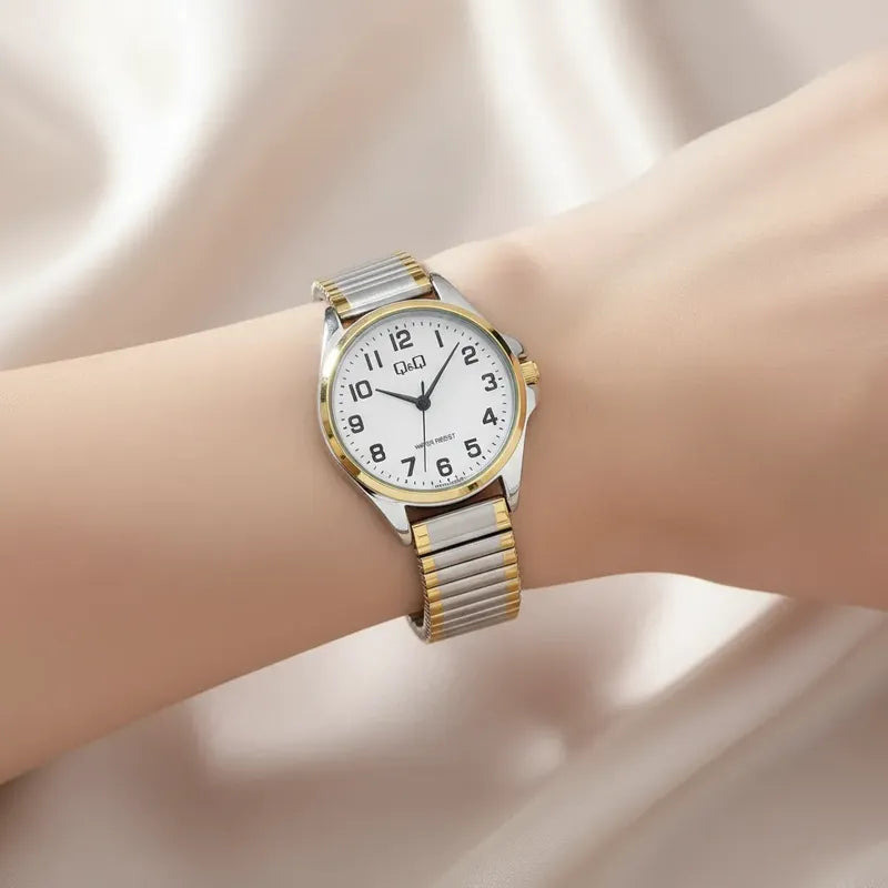 Reloj Qyq Mujer Metalico Bi Color Pulsera Elasticada Bicolor Dorado Blanco