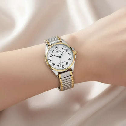 Reloj Qyq Mujer Metalico Bi Color Pulsera Elasticada Bicolor Dorado Blanco