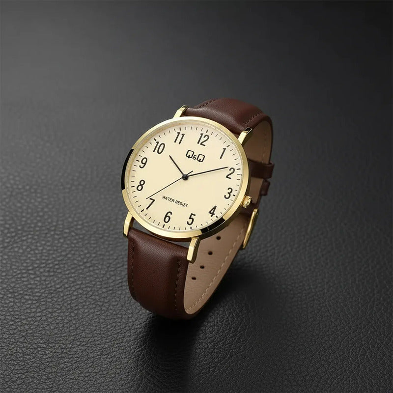 Reloj Qq Para Hombre Pulsera De Cuero, Color Marrón C43a-004 Marrón Dorado Crema