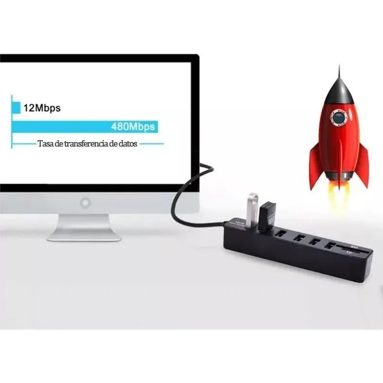 Hub 6 Puertos Multi Usb 3.0 Adaptador Con Lector Tarjeta Sd Negro