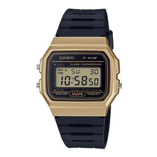 Reloj De Pulsera Casio Collection F-91wm-9a De Cuerpo Color Dorado, Digital, Para Hombre, Fondo Dorado, Con Correa De Resina Color Negro, Dial Negro, Bisel Color Negro Y Hebilla