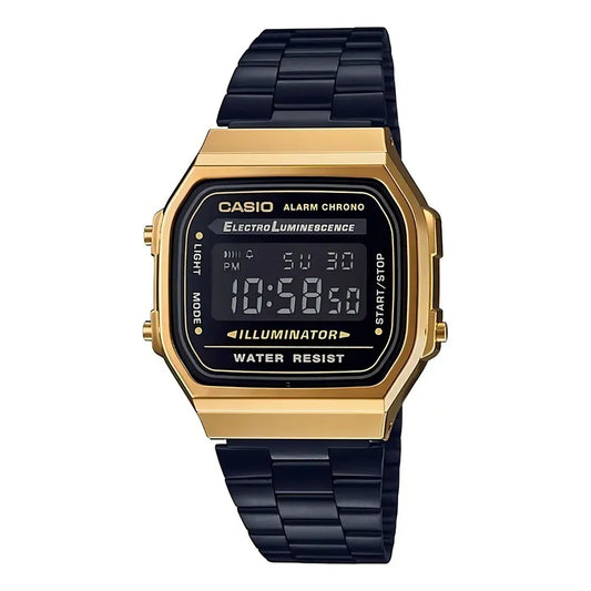 Reloj Pulsera Digital Casio A-168wegb-1b Con Correa De Acero Inoxidable Color Negro - Bisel Dorado