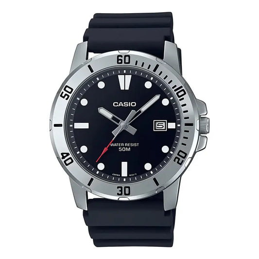 Reloj Casio Hombre Mtp-vd01-1e Resina Color De La Correa Negra Color Del Bisel Plateado Color Del Fondo Negro