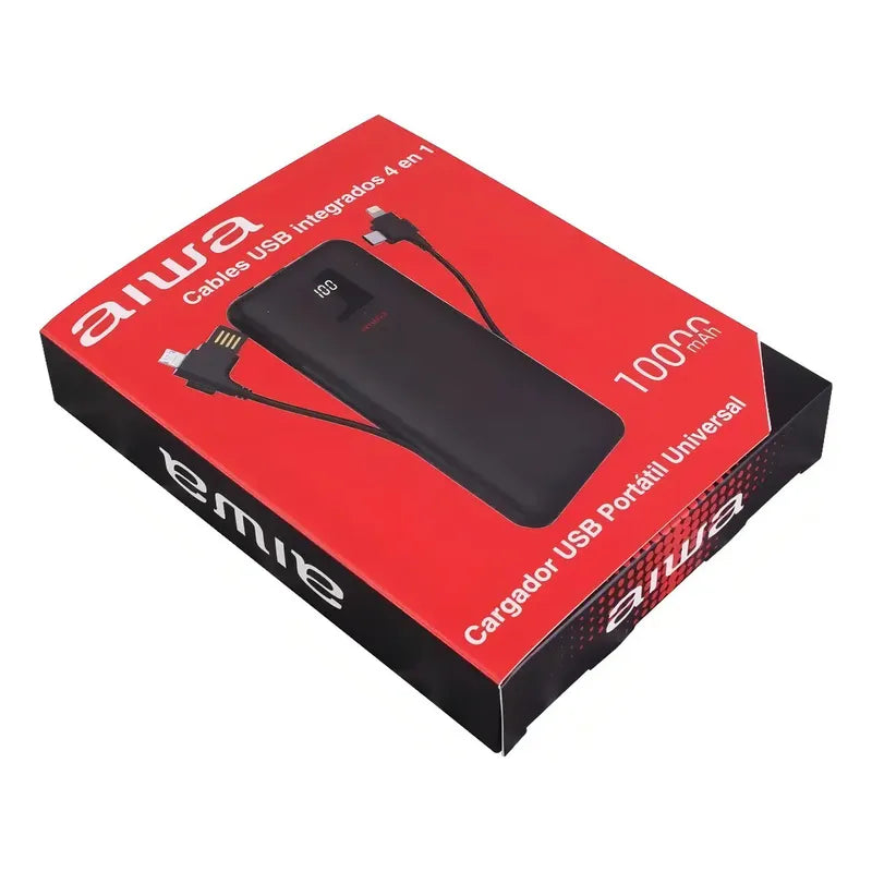 Cargador Portátil Aiwa 10.000 Usb 4 En 1 Universal Paw-230 Color Negro