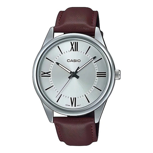 Reloj Casio Hombre Mtp-v005l-7b5 Malla Cuero Fondo Plateado Color Del Fondo Plateado Color De La Malla Marrón Color Del Bisel Plateado