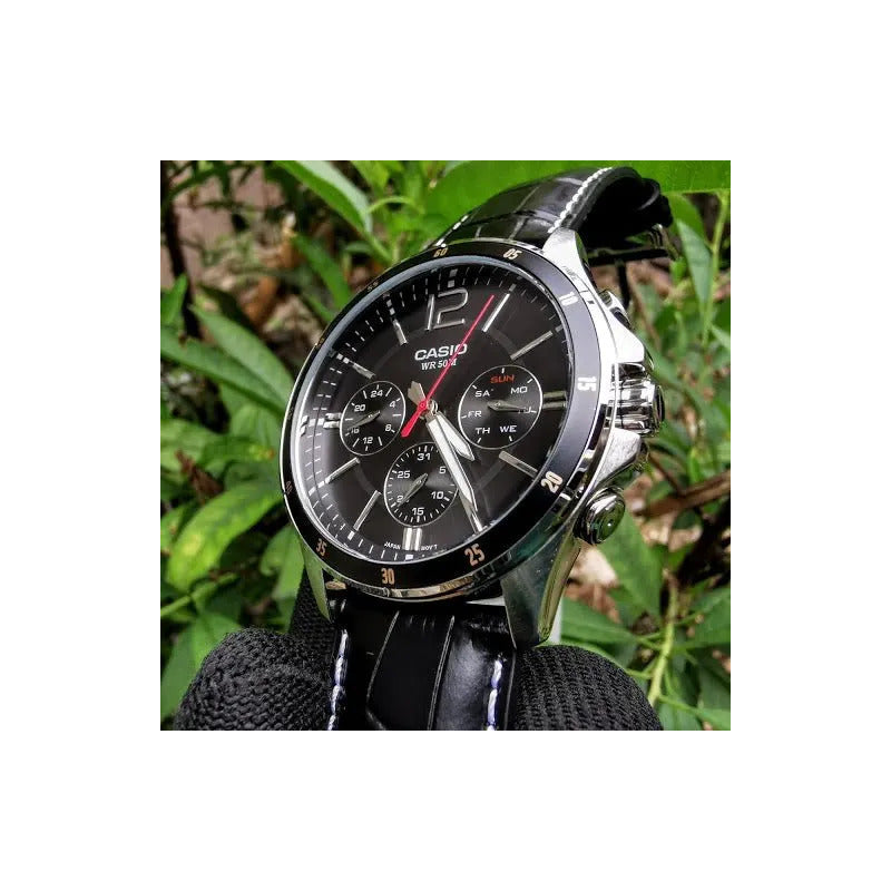 Reloj Casio Mtp-1374l-1a Hombre Multifuncion Acero Cuero 50m Wr Negro