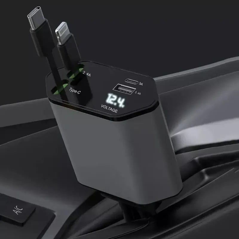 Cargador Para Automóvil Carga Rápida Cables Retráctiles Negro