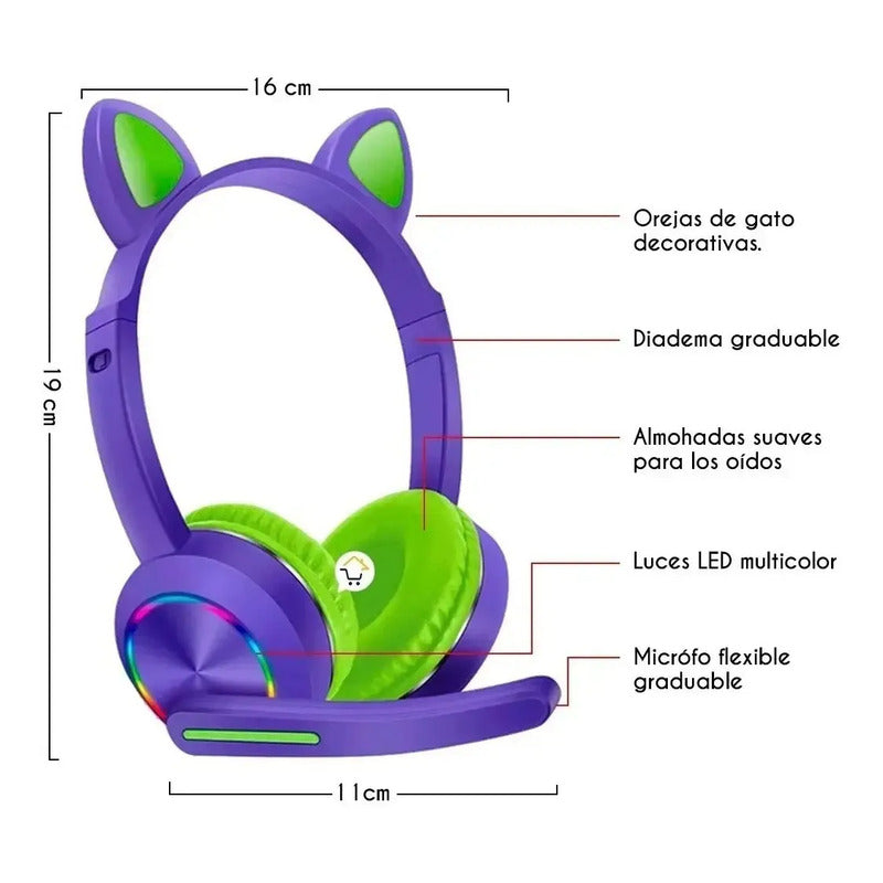 Audifonos Gato Para Niños En Diadema Y Con Microfono Color Violeta Luz Multicolor