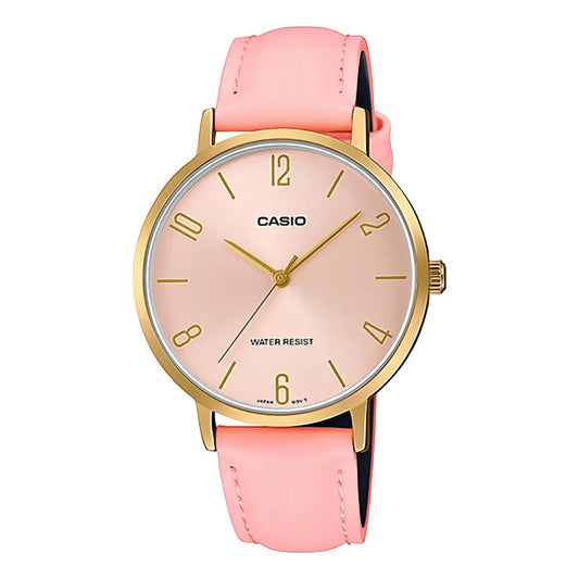 Reloj De Pulsera Casio Dress Ltp-vt01gl-4b De Cuerpo Color Dorado, Analógico, Para Mujer, Fondo Rosa, Con Correa De Cuero Color Rosa, Agujas Color Dorado, Dial Dorado, Bisel Color Dorado Rosa Dorado