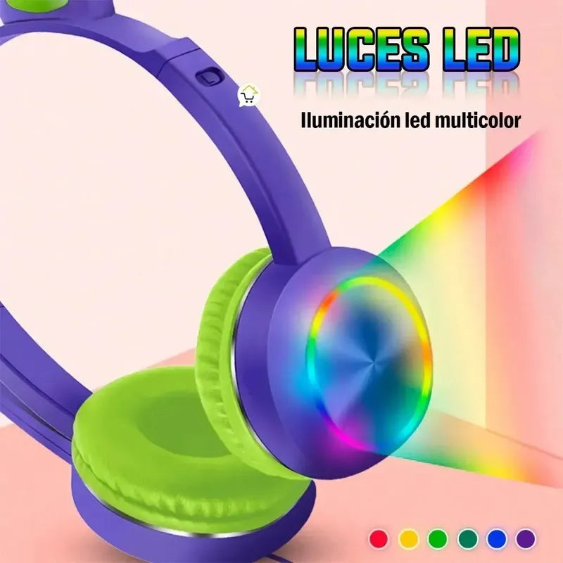 Audifonos Gato Para Niños En Diadema Y Con Microfono Color Violeta Luz Multicolor