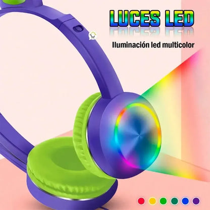 Audifonos Gato Para Niños En Diadema Y Con Microfono Color Violeta Luz Multicolor