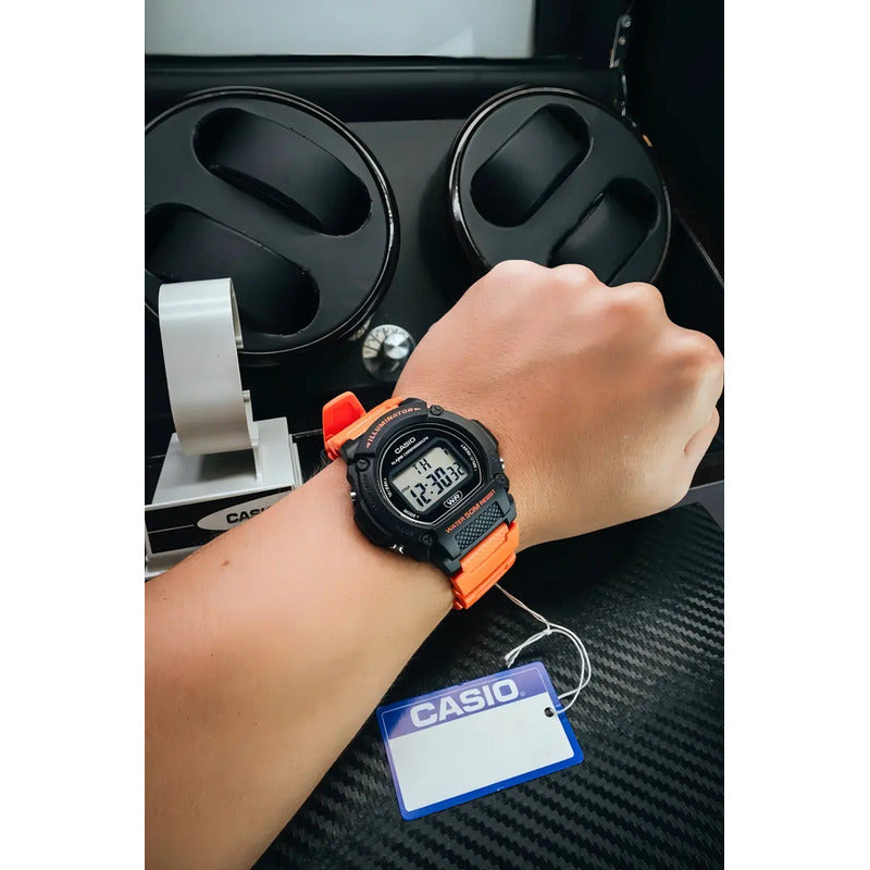 Reloj Casio W-219h-4a Naranja Wr 50m Cronometro Alarma Sumergible Negro