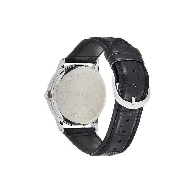 Reloj Pulsera Casio Mtp-v002l-1bu Con Correa De Cuero Color Negro - Bisel Plateado