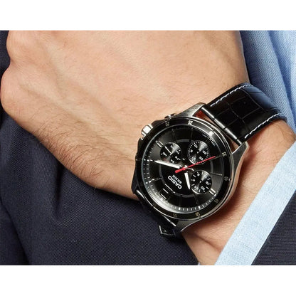 Reloj Casio Mtp-1374l-1a Hombre Multifuncion Acero Cuero 50m Wr Negro