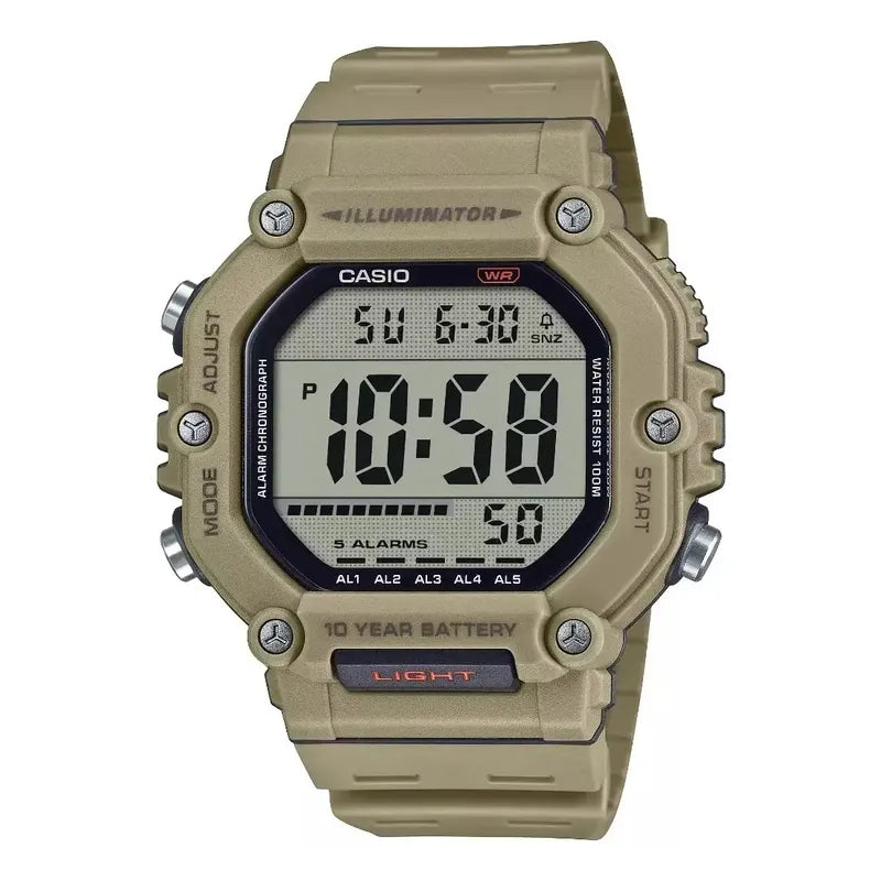 Reloj Casio Illuminator Digital Ae-1600h-5av Caballero Correa Beige Bisel Beige Fondo Azul Acero