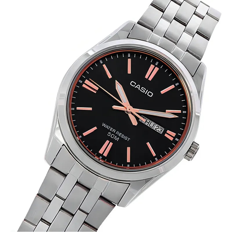 Reloj Casio Mtp-1335d De Acero Inoxidable Para Hombre Con Fondo Negro Y Rosé Plateado Negro Con Rosé
