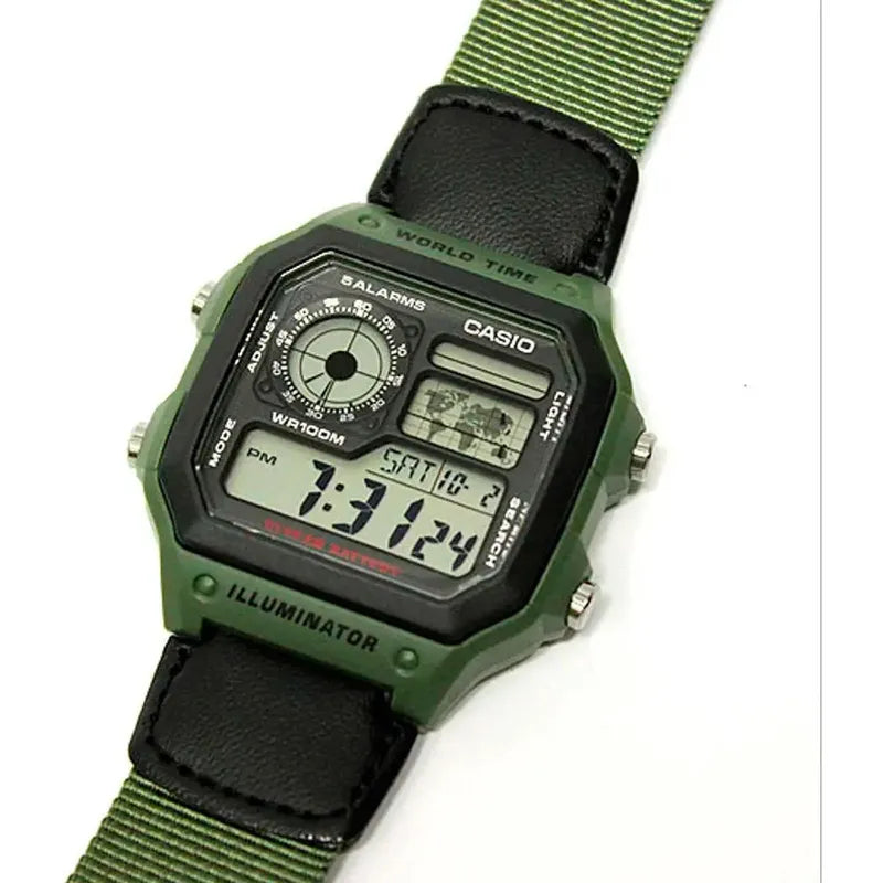 Reloj Pulsera Digital Casio Ae-1200whb-3b Con Correa De Tela Color Negro/verde - Fondo Negro