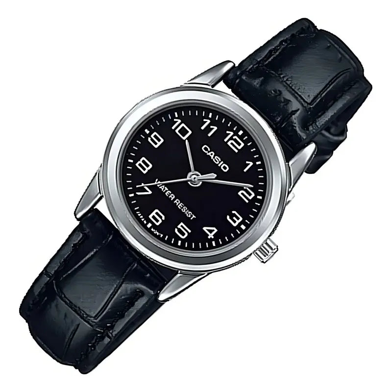 Reloj Casio Dama Ltp-v001l-1b, Caja De Acero,correa De Cuero Negro Plateado Negro Con Números