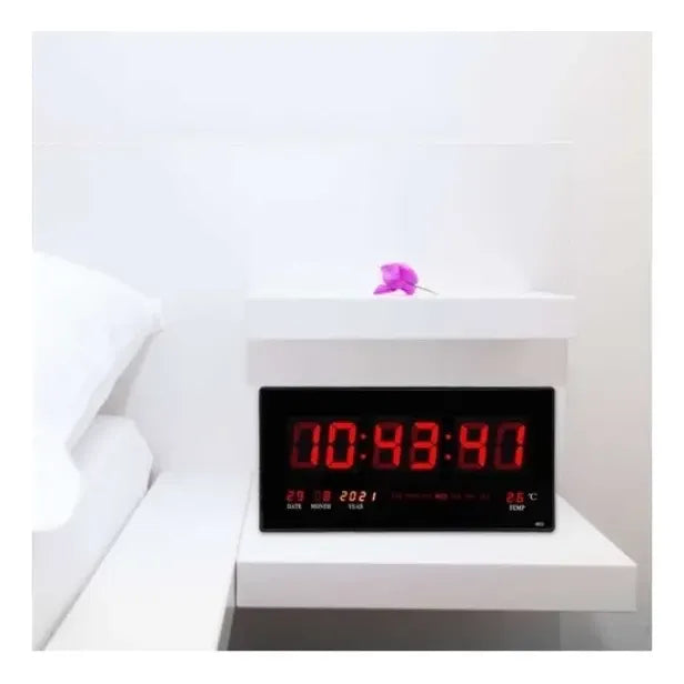 Reloj Digital Pared Luz Led Hora Fecha Temperatura 36x15cm Color De La Estructura Negro Color Del Fondo Negro