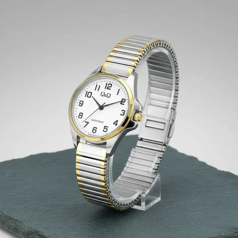 Reloj Qyq Mujer Metalico Bi Color Pulsera Elasticada Bicolor Dorado Blanco