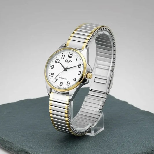 Reloj Qyq Mujer Metalico Bi Color Pulsera Elasticada Bicolor Dorado Blanco
