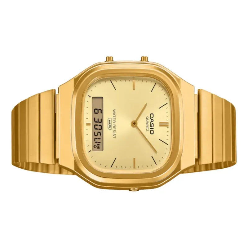 Reloj Casio Aq-240eg-9a Gold-ion, Correa De Acero, Anadigi Correa Dorado Bisel Dorado Fondo Dorado