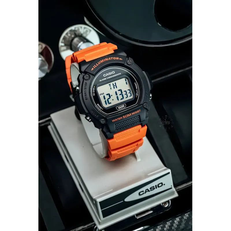 Reloj Casio W-219h-4a Naranja Wr 50m Cronometro Alarma Sumergible Negro