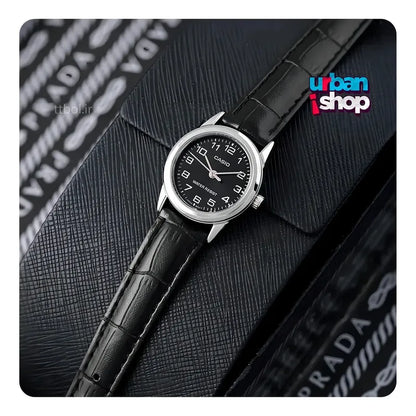Reloj Casio Dama Ltp-v001l-1b, Caja De Acero,correa De Cuero Negro Plateado Negro Con Números