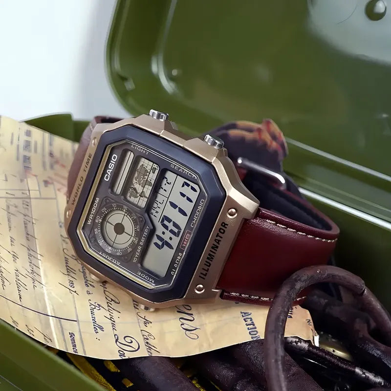 Casio Reloj Hombre Sumergible Ae-1200whl-5 Malla Cuero Marrón Dorado Oscuro Gris
