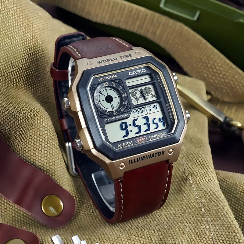 Casio Reloj Hombre Sumergible Ae-1200whl-5 Malla Cuero Marrón Dorado Oscuro Gris