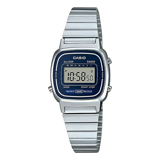 Reloj Casio Dama Vintage Azul La670wa-2d Correa Plateado Bisel Negro Fondo Blanco Azul Marino