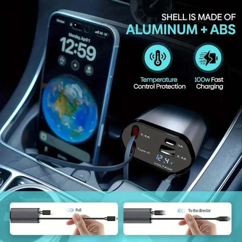 Cargador Para Automóvil Carga Rápida Cables Retráctiles Negro