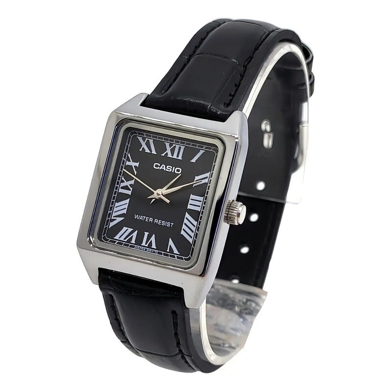 Reloj Casio Dama Correa Piel Genuina Ltp-v007l-1bu Negro Plateado
