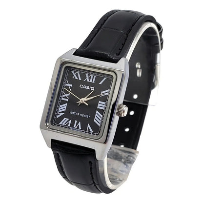 Reloj Casio Dama Correa Piel Genuina Ltp-v007l-1bu Negro Plateado