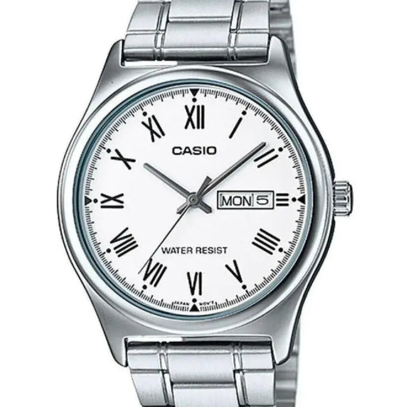 Casio, Números Romanos Plateados Clásicos, Correa Plateada, Bisel Plateado, Fondo Blanco, Para Hombre Plata