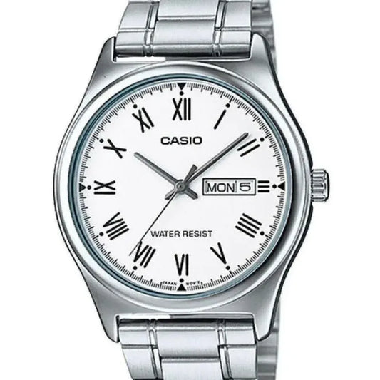 Casio, Números Romanos Plateados Clásicos, Correa Plateada, Bisel Plateado, Fondo Blanco, Para Hombre Plata