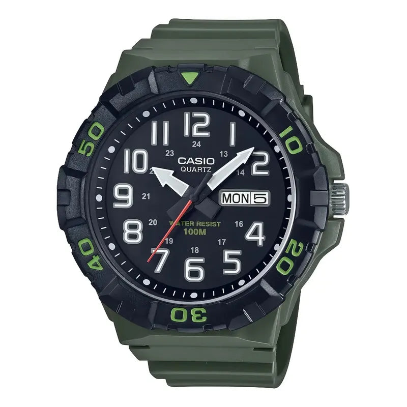 Reloj Casio Analógico Para Hombre Con Correa Verde Y Resistencia Al Agua De 100 M Negro