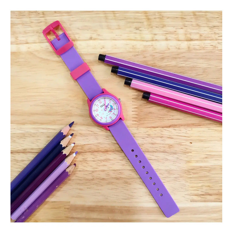 Reloj Q&q Niña Unicornio Números Y Manecillas Morado Rosa Blanco